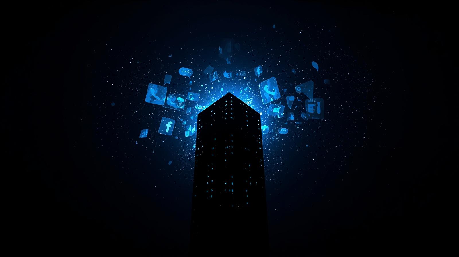 Dark skyscraper silhouette with glowing blue social media and communication icons floating above it against a dark background.