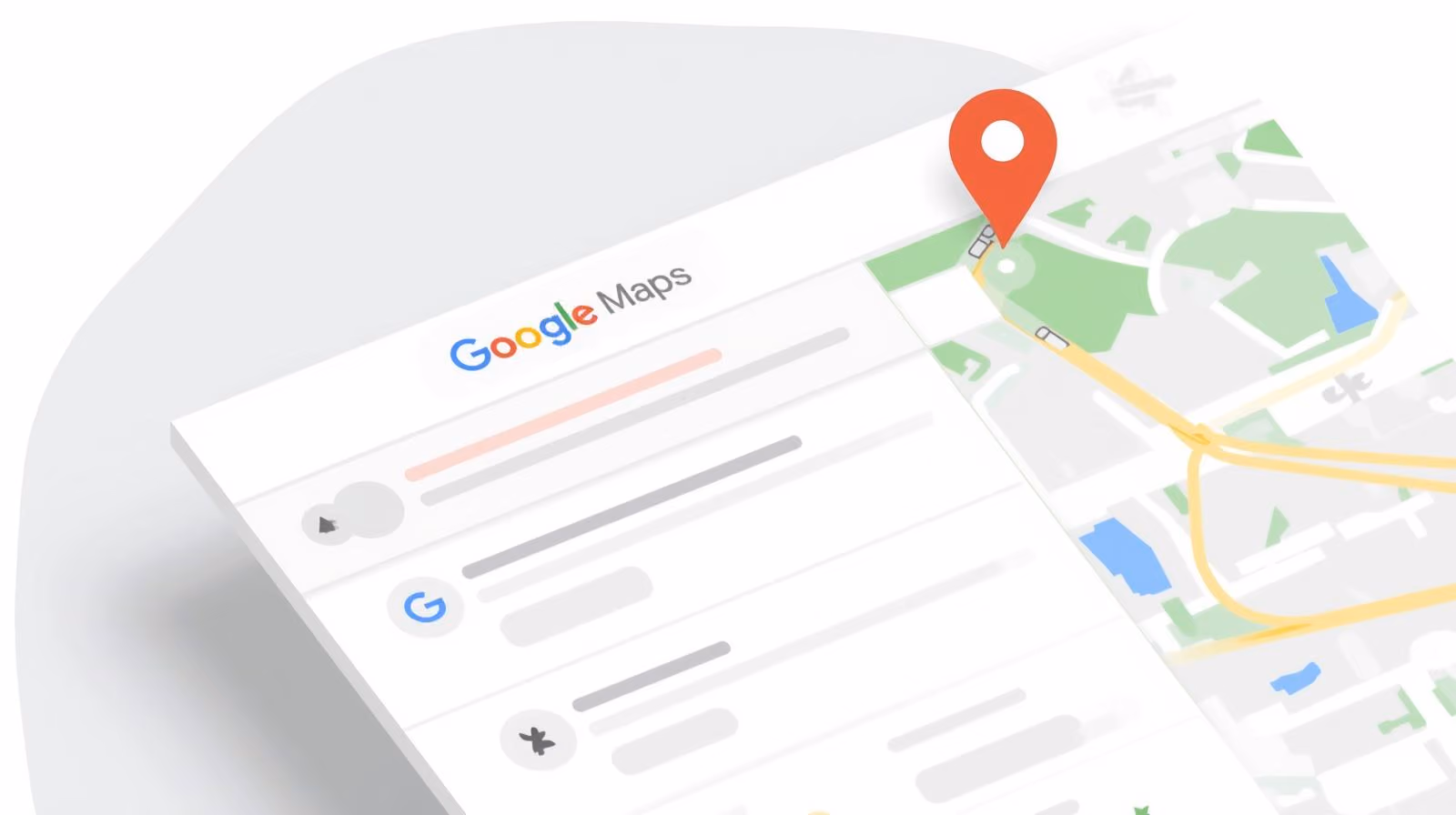 Illustration of a Google Maps interface with a red location pin marking a specific spot on a map showing roads, green areas, and water bodies.