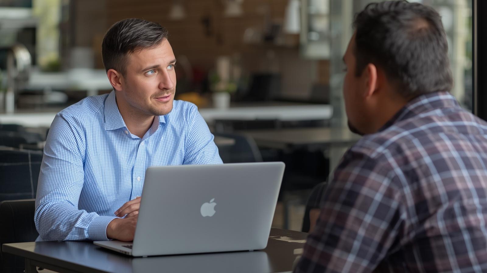 Two men sitting at a table having a conversation, one using a silver Apple laptop.