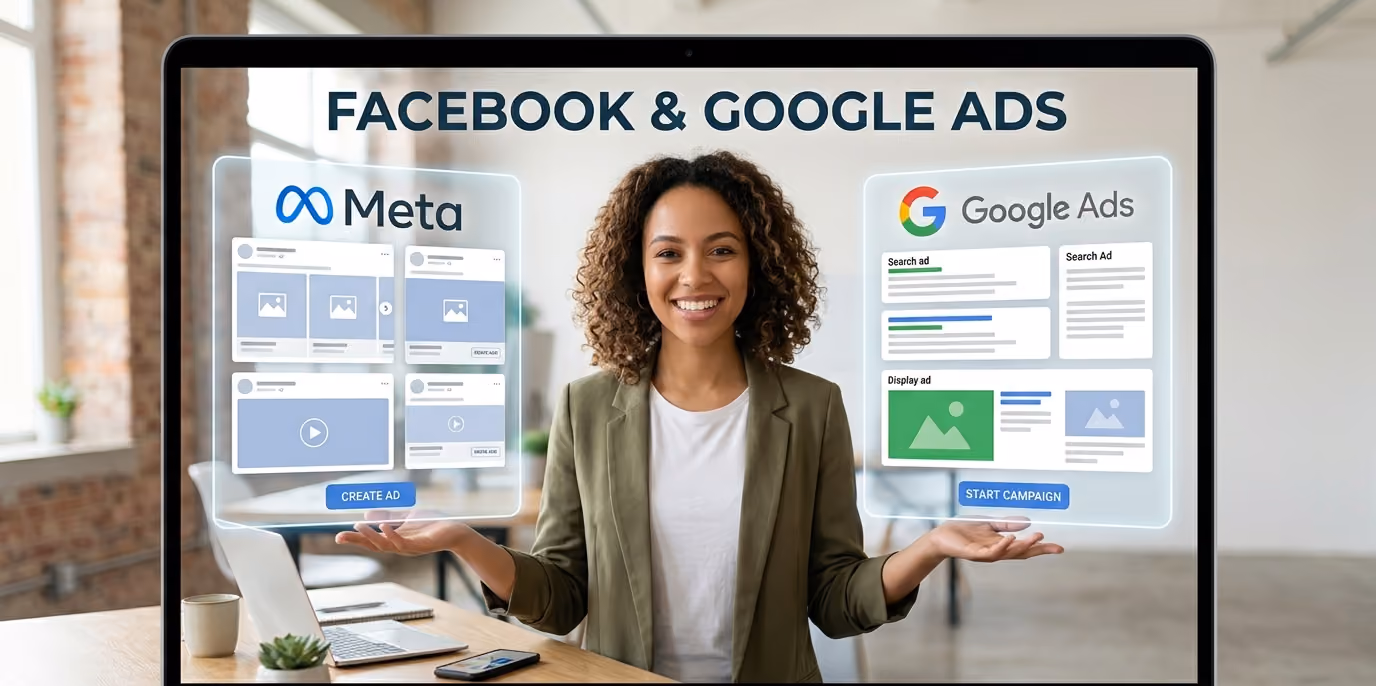 Smiling woman inside laptop screen presenting Facebook Meta ad options on left and Google Ads campaign options on right.