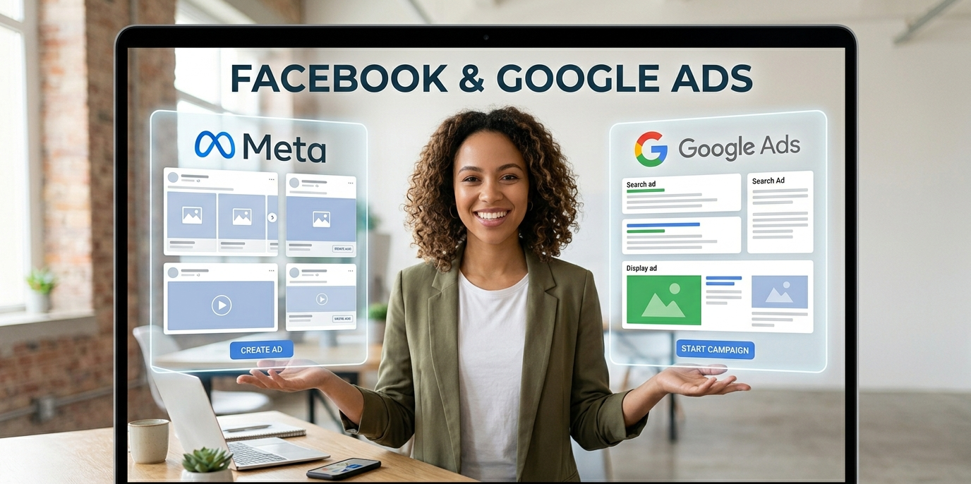 Woman smiling in office holding virtual screens displaying Facebook Meta ad creation interface and Google Ads campaign start panel.