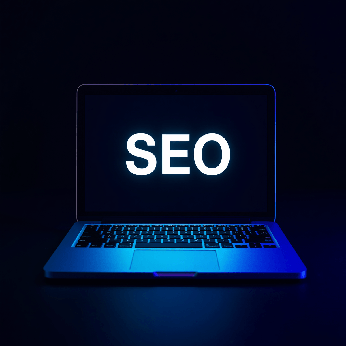 Laptop keyboard lit in blue light with the screen displaying the text SEO in white.