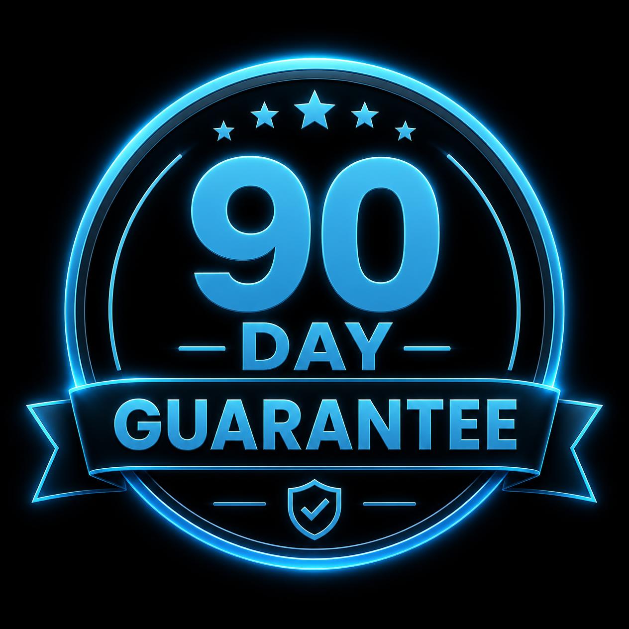 Blue neon badge with text 90 Day Guarantee and five stars on black background.