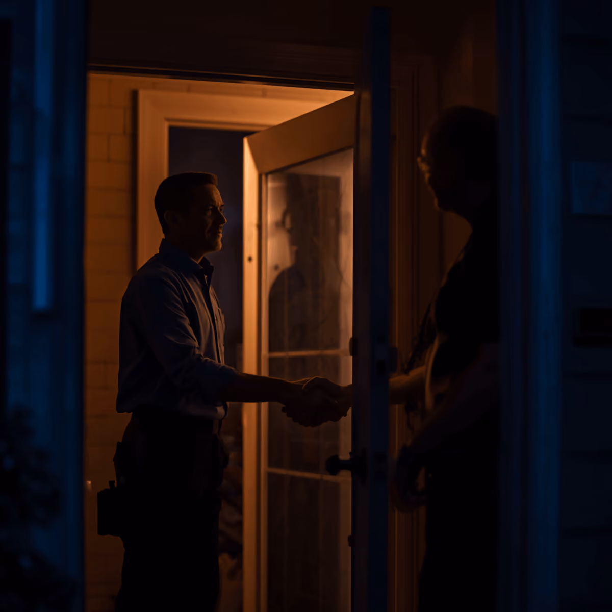 Contractor building trust with a homeowner, they are shaking hands outside of his home.