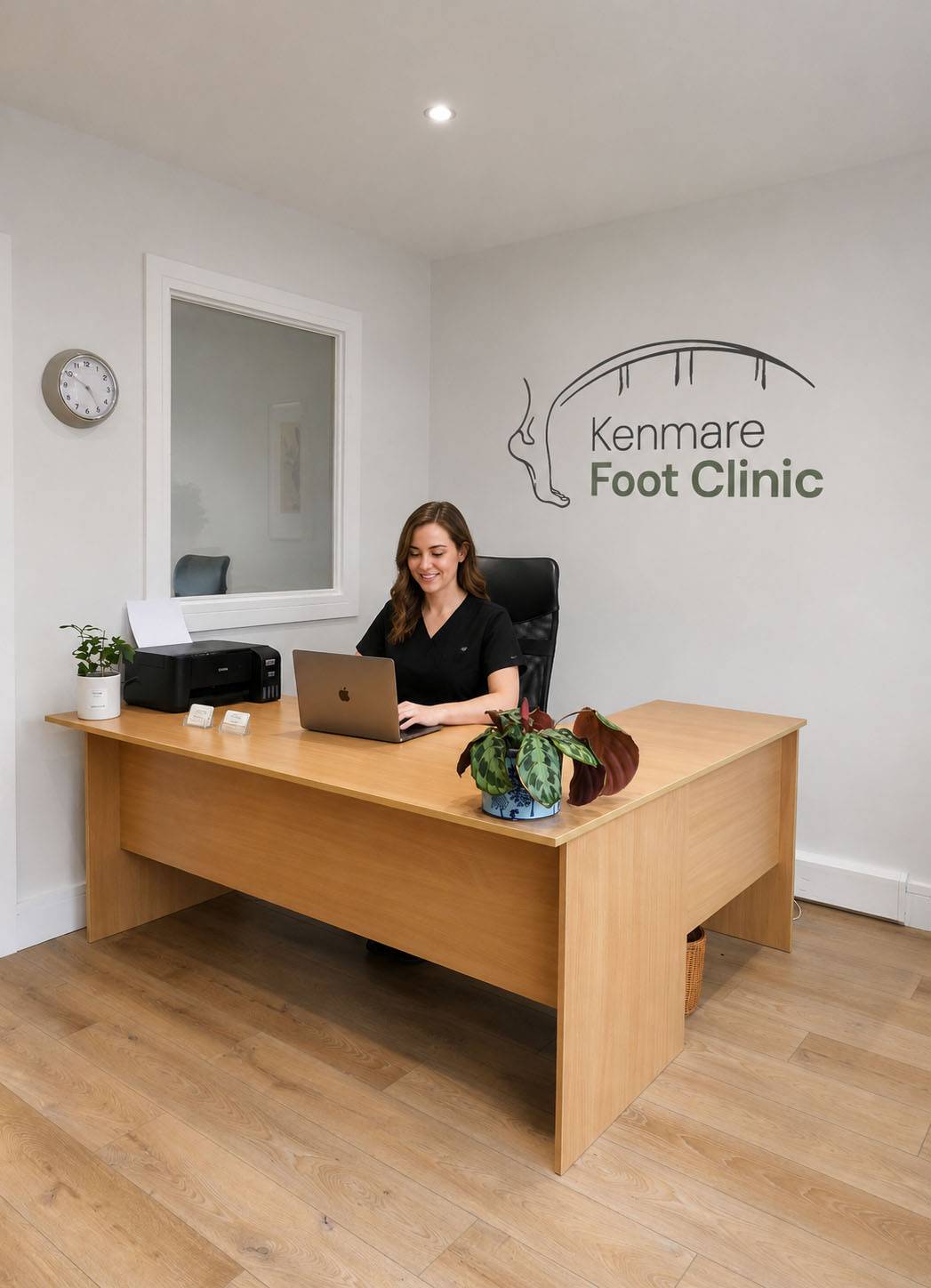 The reception desk at Kenmare Foot Clinic, with the clinic's logo on the wall behind.