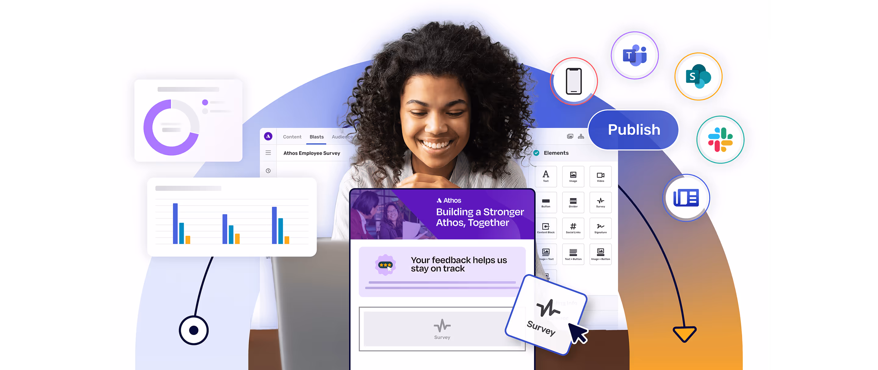 Employee communicator smiling with Cerkl Broadcast interface elements showing email builder, analytics, and omni-channel publishing icons.