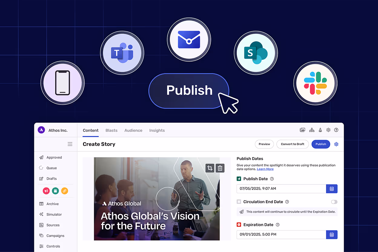An internal communicator publishing contenting using Broadcast to mobile, Teams, Slack, SharePoint and newsletters.