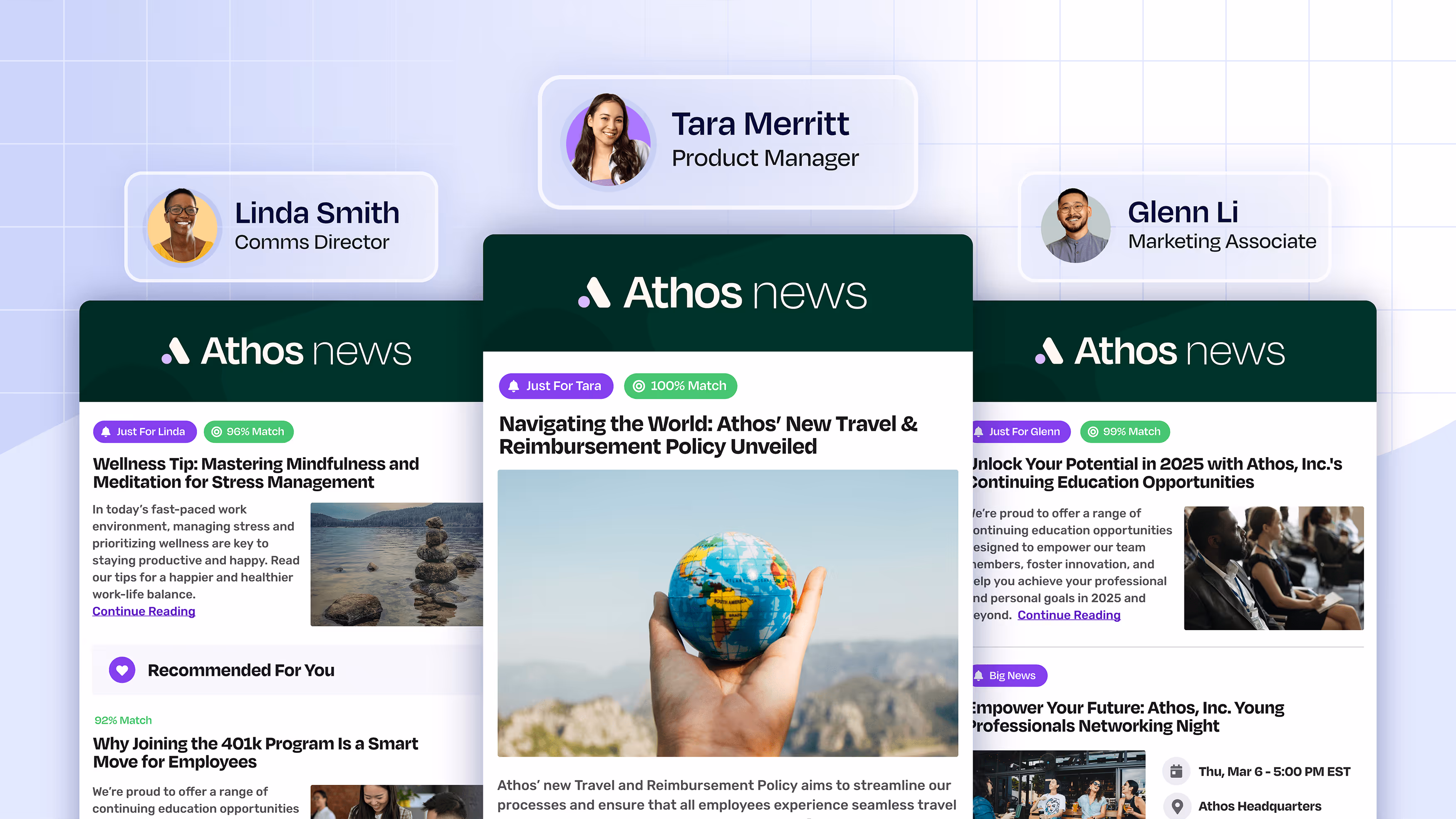 Three employee newsletters, each tailored to the employee via Cerkl Broadcast.