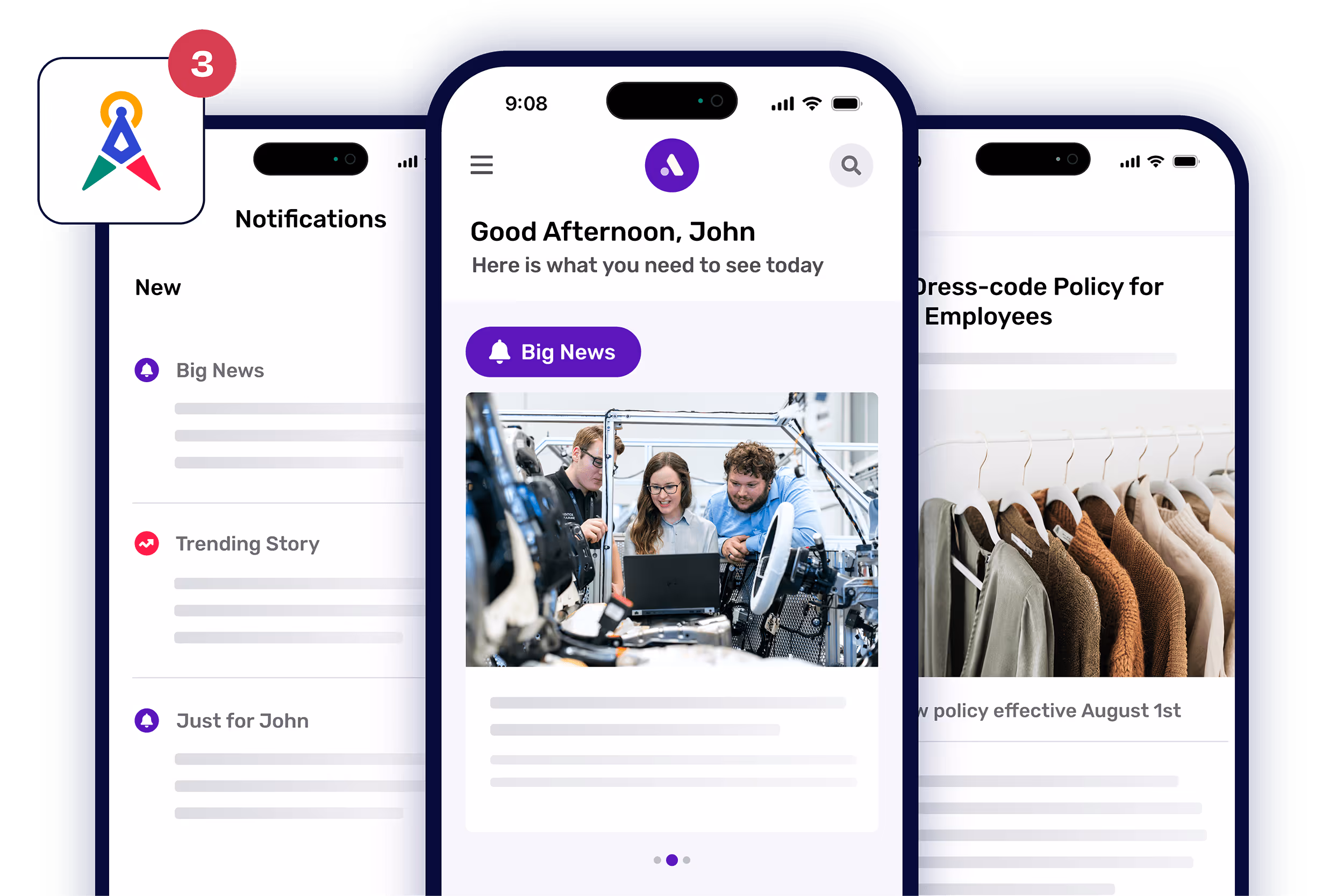 An employee mobile app showing tailored news and notifications.