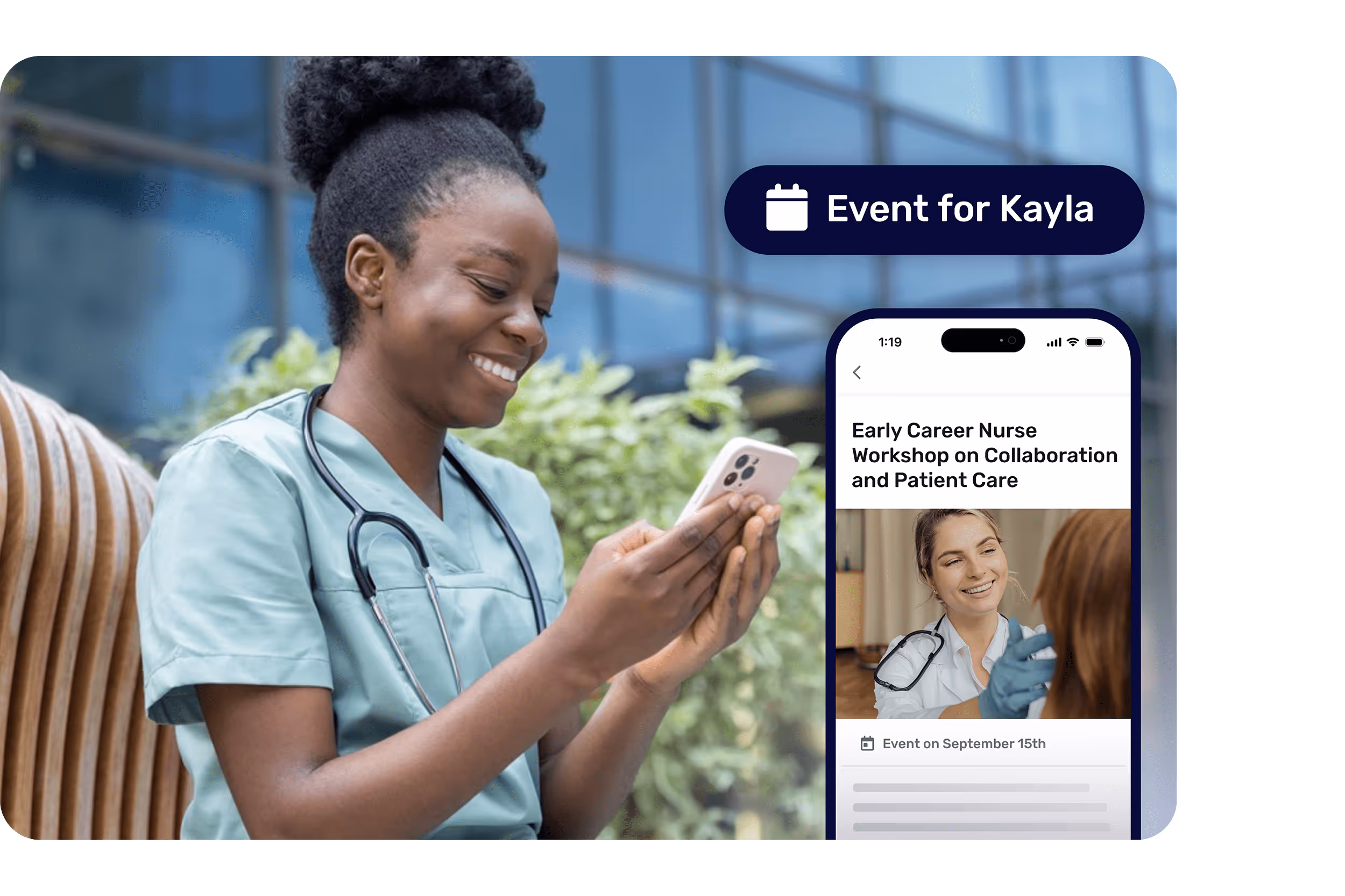 A frontline worker checking her employee news on the Broadcast mobile app.