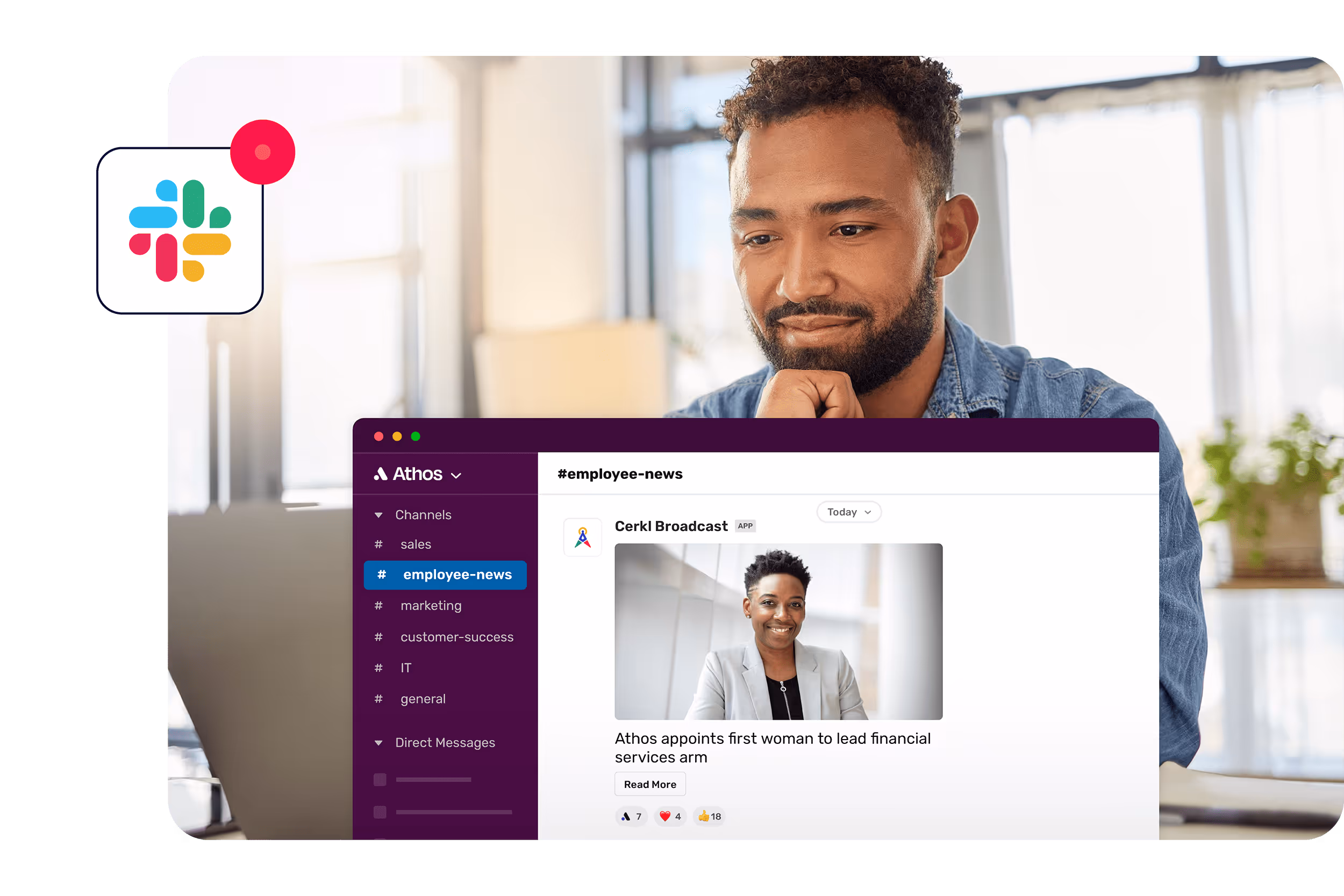 An employee reading their internal communication news in Slack.