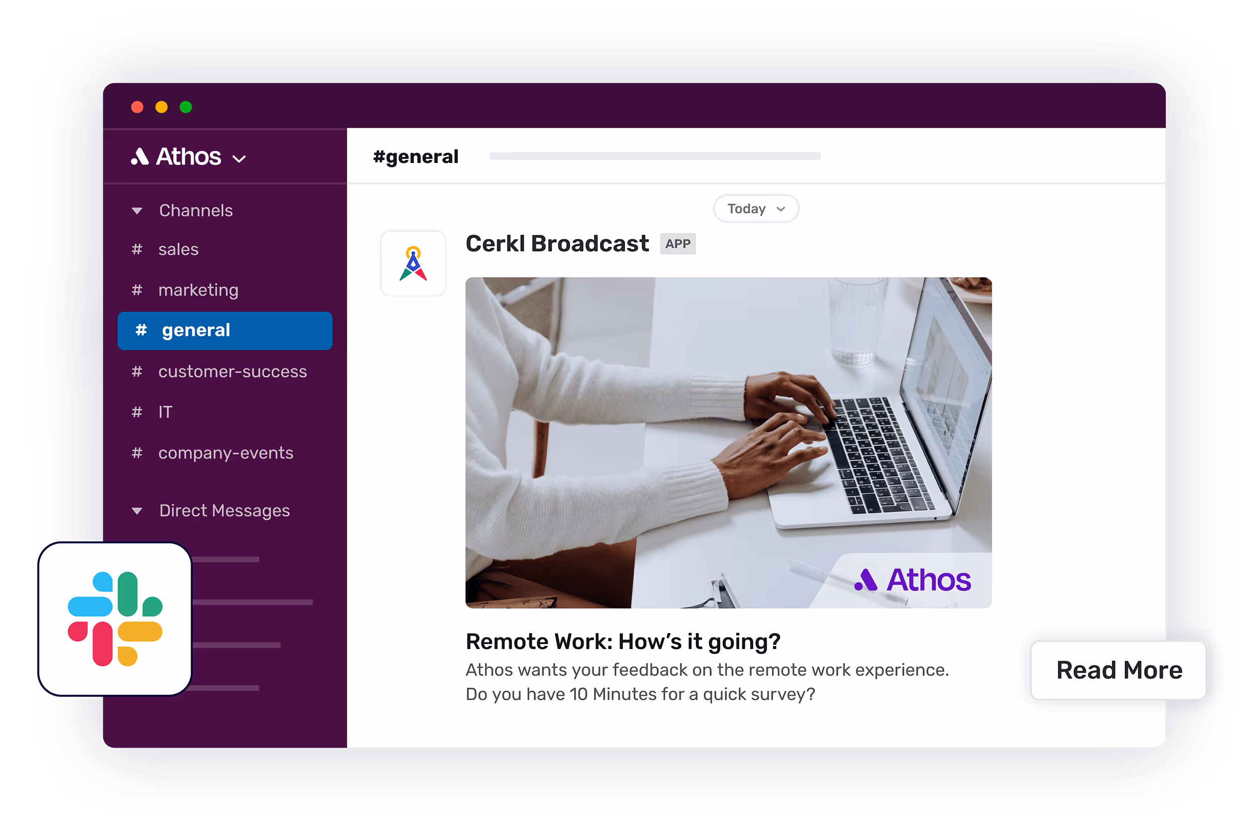 An internal communicator publishing a story directly to Slack through Cerkl Broadcast.