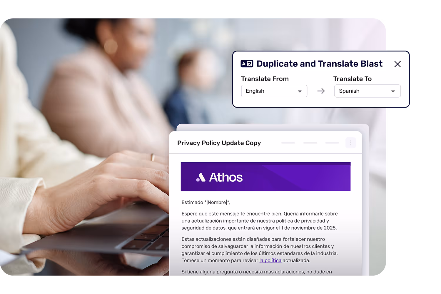 An internal communicator using Broadcast Foundations to translate an email automatically from English to Spanish, French and German.