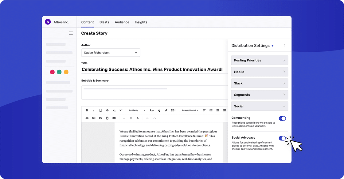 Social Advocacy is set to Off for all content and stories