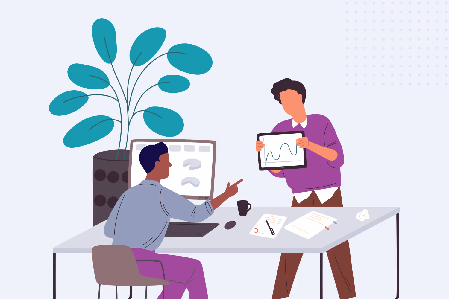 Internal communications employees discussing data graphic 