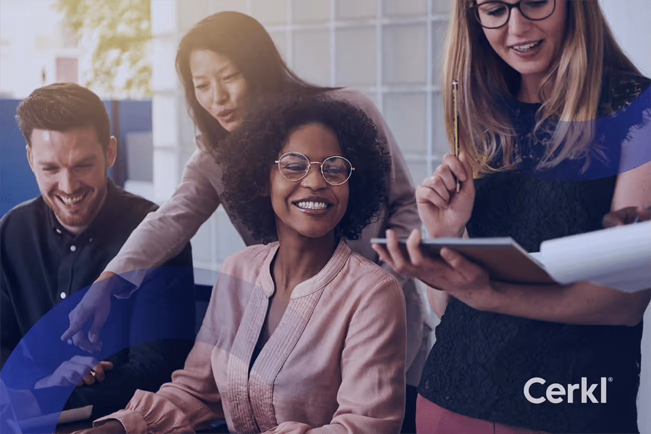 Internal communications leader reviewing internal comms service delivery plan framework and strategy notes in a team meeting