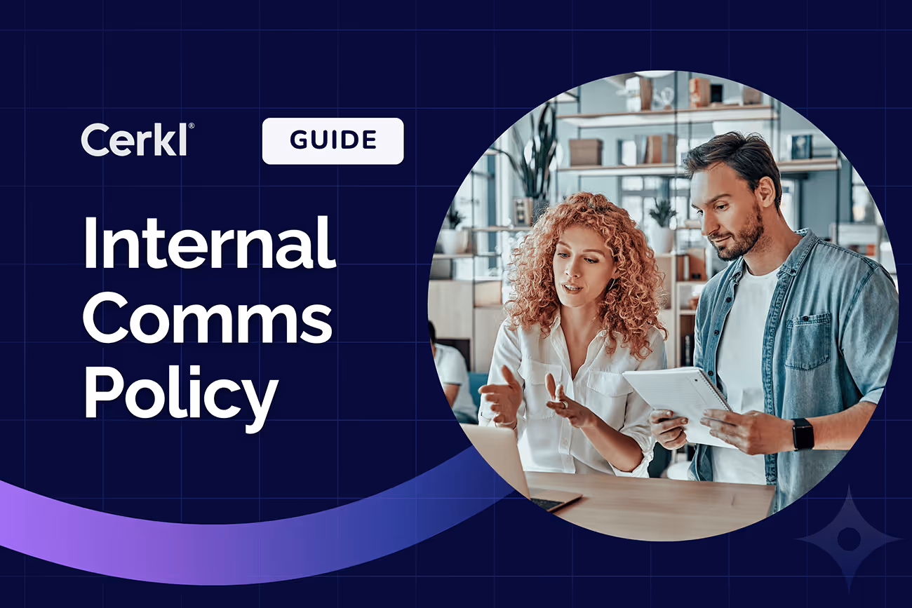 Internal communications leader reviewing internal communication policy framework and strategy notes in a team meeting