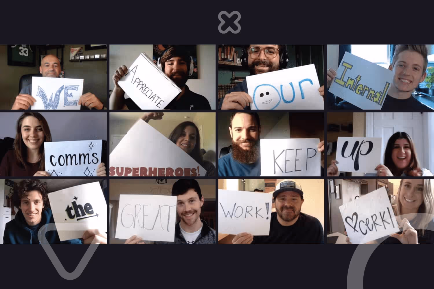 Internal communications leader reviewing our partners our heroes framework and strategy notes in a team meeting