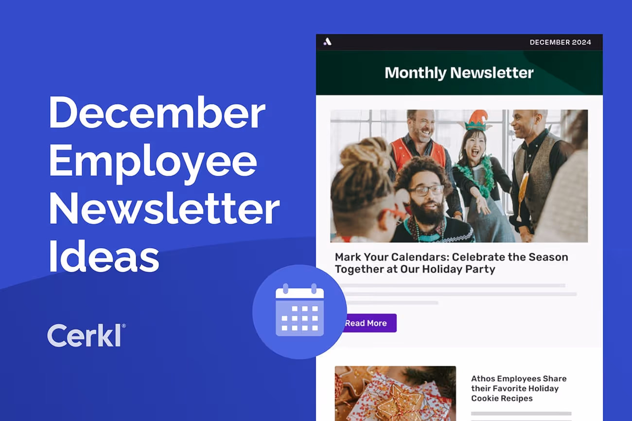 Internal communications manager creating December newsletter ideas for employee recognition and holidays