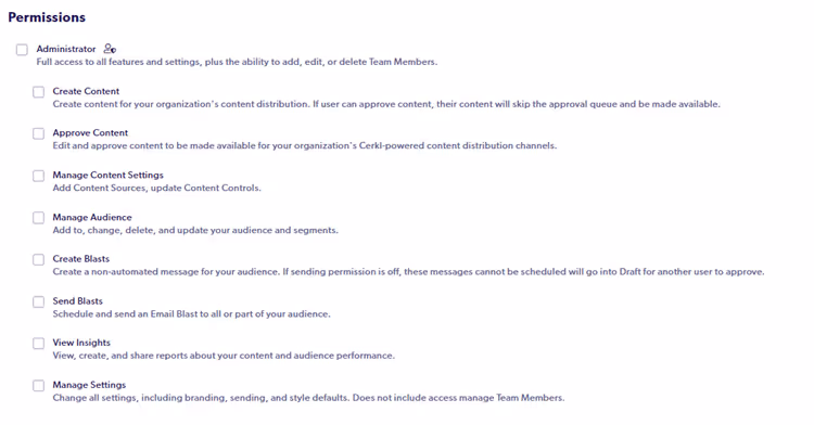 A screenshot of Cerkl Team Member Permissions