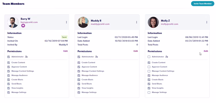 Screenshot of Cerkl's new admin permissions. Shows two Admins and one Team Member