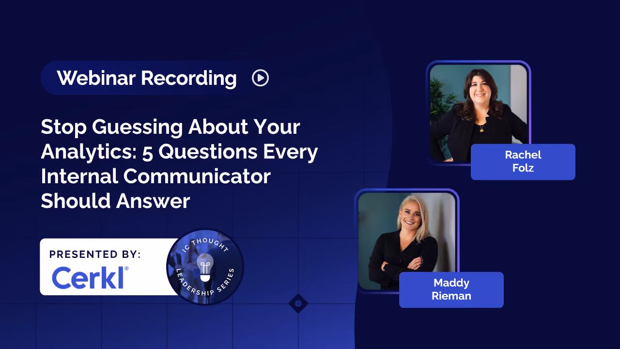 Cerkl webinar recording card titled "Stop Guessing About Your Analytics," featuring Rachel Folz and Maddy Rieman, with a Watch on YouTube button.