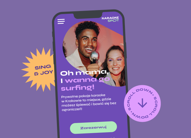 A preview of a mobile version of a home page website of Karaoke Spot, placed on a purple background. A project designed by follow.studio