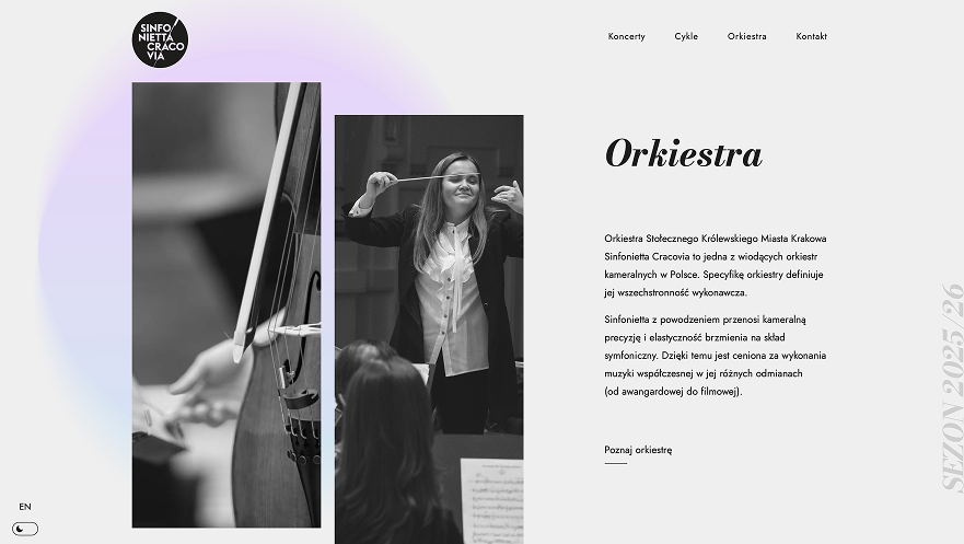 Sinfonietta Cracovia website screenshot presenting black and white photo of a female conductor leading an orchestra, alongside a close-up of a string instrument being played.