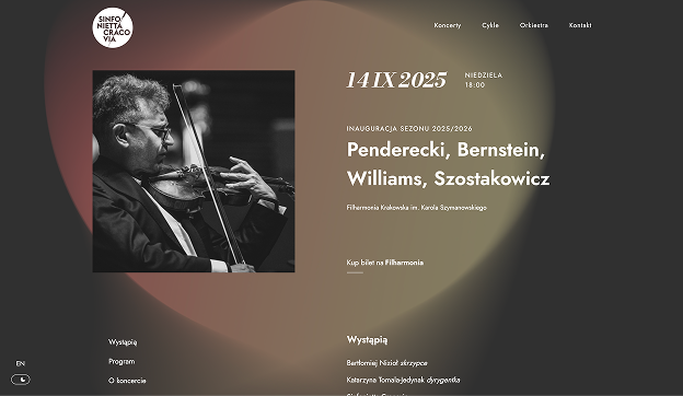 Sinfonietta Cracovia website section presenting a Concert Page in concert mode