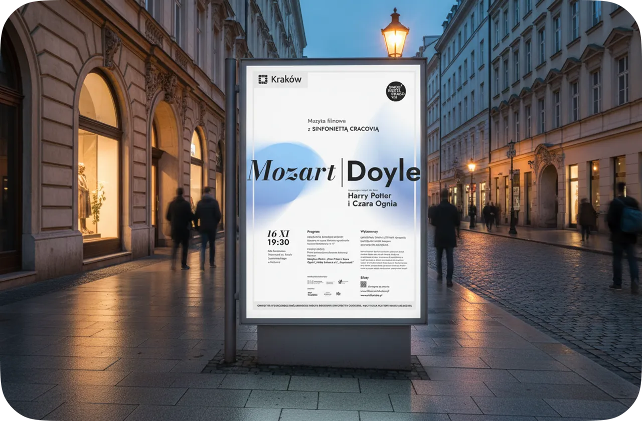 Illuminated street billboard at dusk advertising a Sinfonietta Cracovia concert featuring music from Mozart and Doyle, including Harry Potter and the Goblet of Fire theme. Poster designed by follow.studio