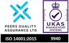 Quality assurance and UKAS management systems logos with ISO 14001:2015 certification number 9940.