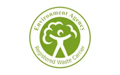 Logo of Environment Agency Registered Waste Carrier featuring a green tree with a smiling figure inside a circular border.