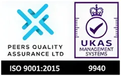 Logos of Peers Quality Assurance Ltd and UKAS Management Systems with ISO 9001:2015 and certification number 9940 below.