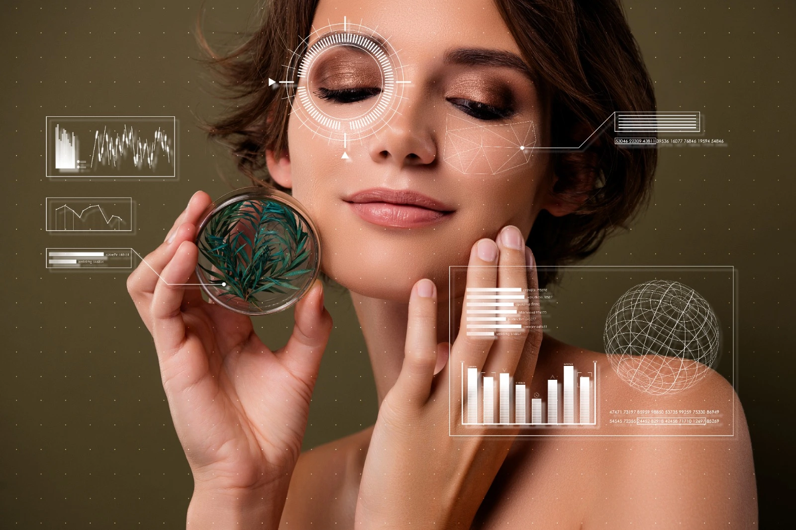 Woman with tech overlays, showing Beauty Industry Trends 2026.