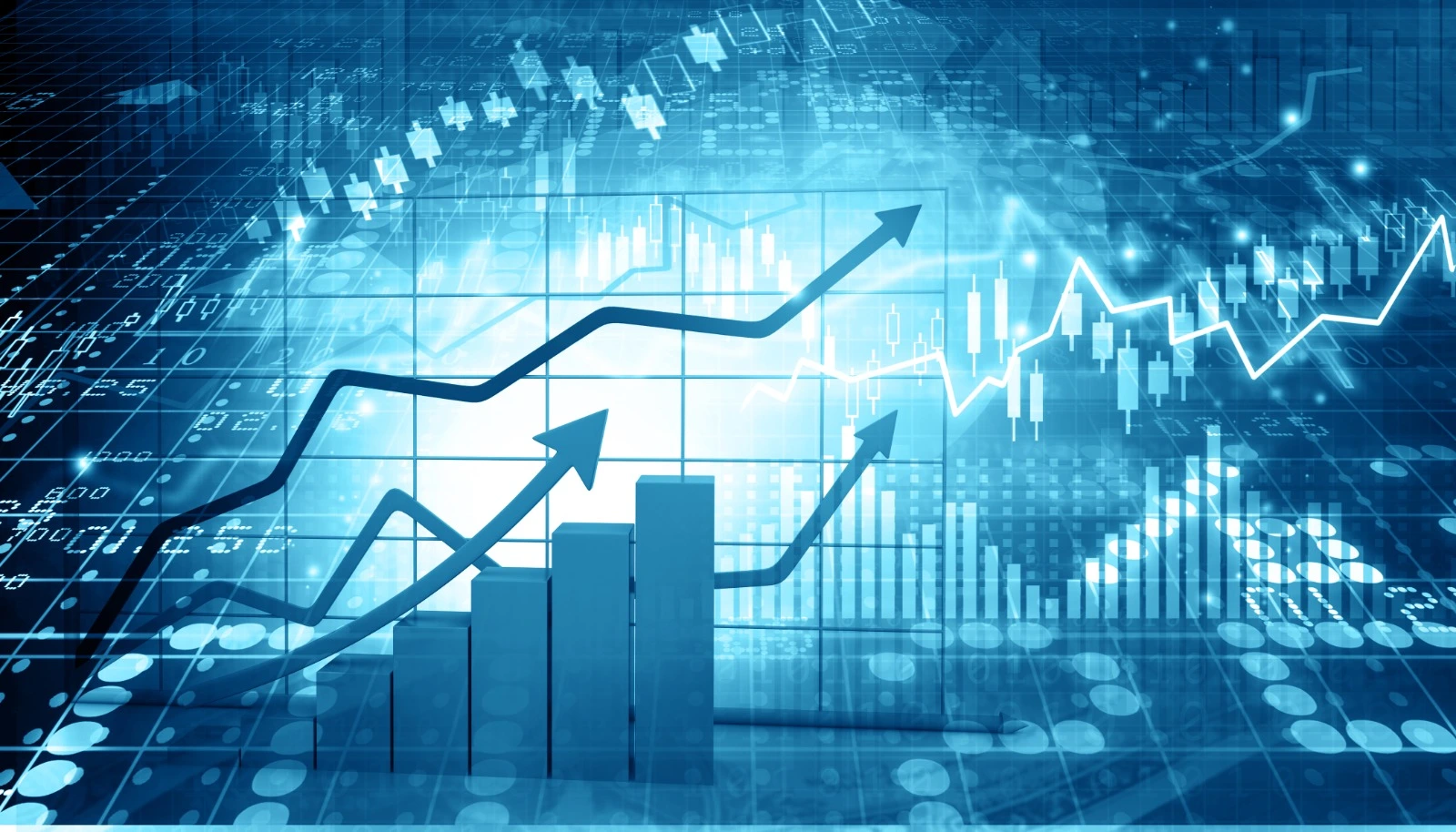 A futuristic digital display illustrating TikTok Trend Forecasting, featuring rising blue stock market arrows, financial bar graphs, and glowing candlestick charts across a technical grid background.