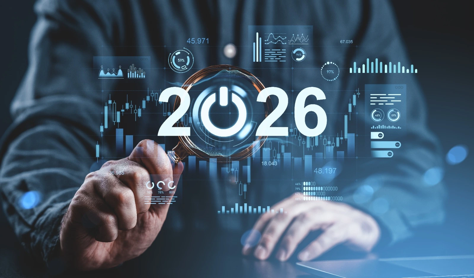 Hands navigating a glowing blue tech screen filled with predictive analytics graphs and charts centered around Gen Z Consumer Trends 2026.