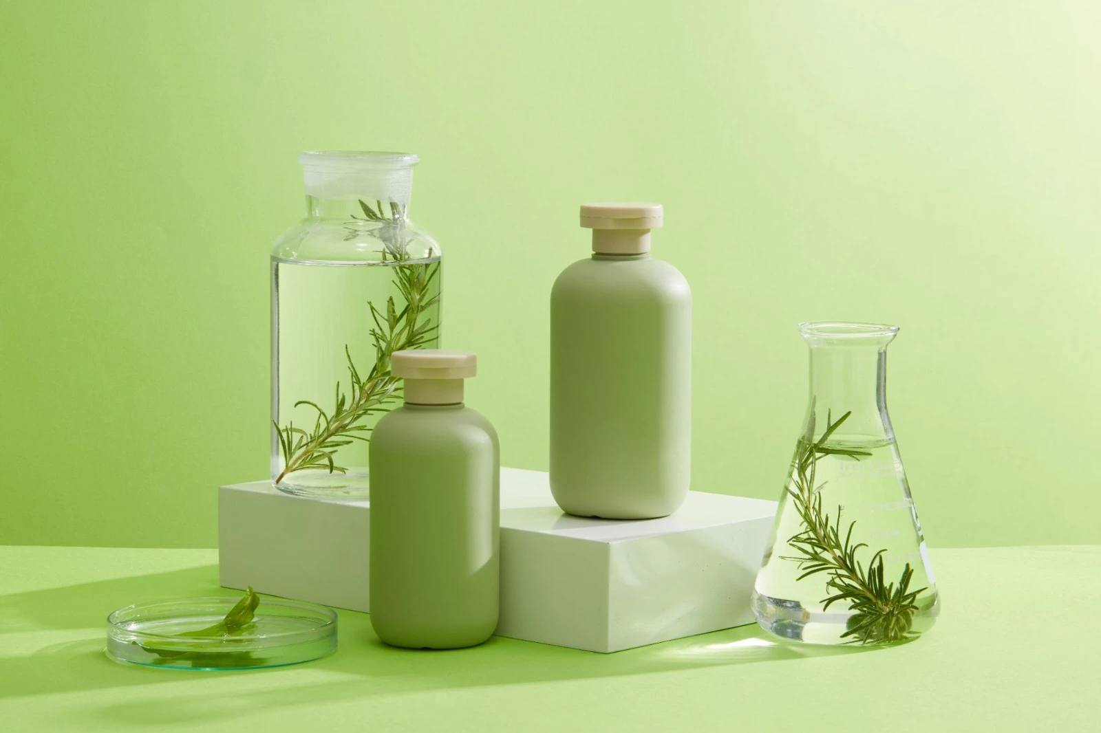 Eco-friendly skincare bottles and laboratory glassware with botanical ingredients on a green background.