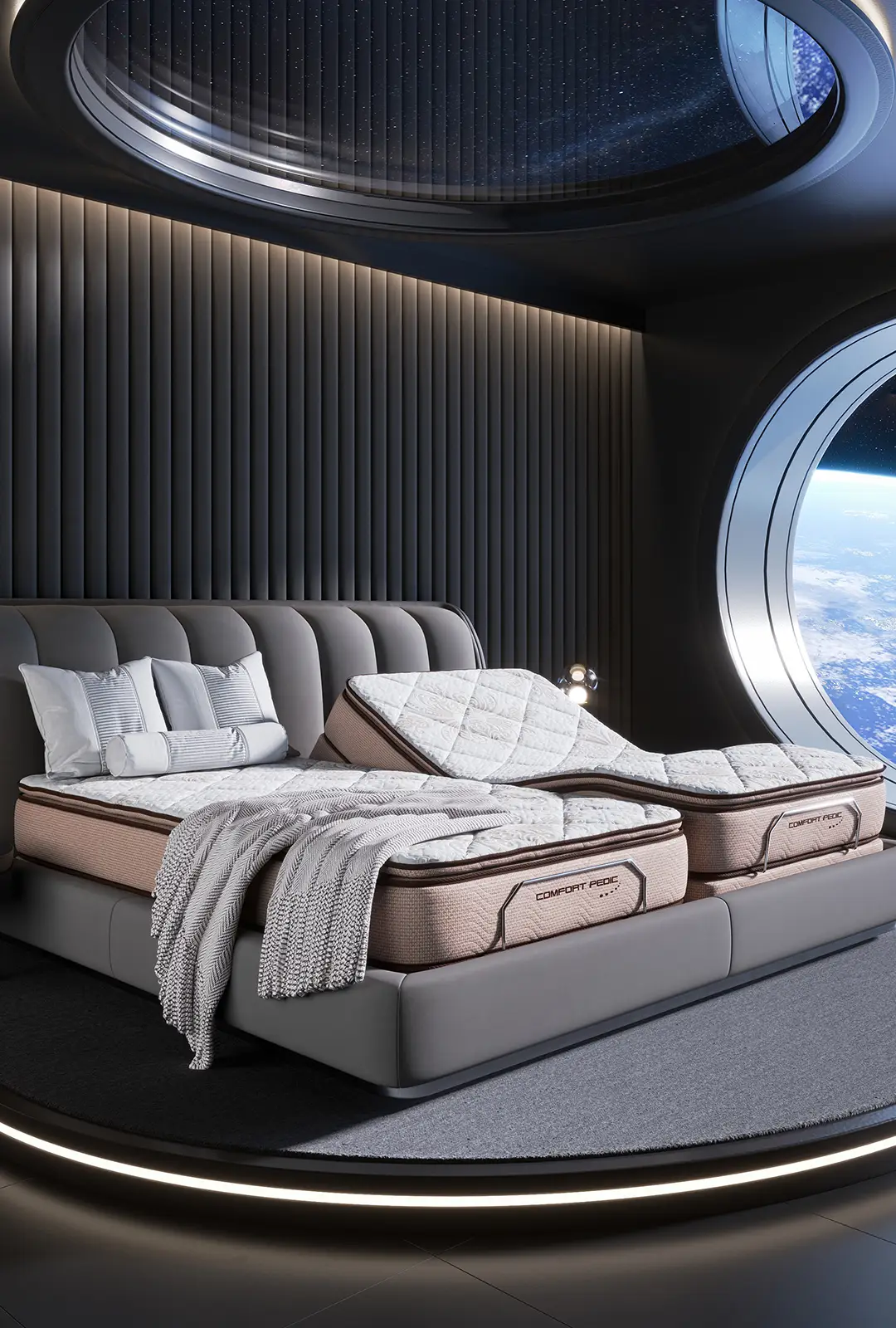 Cama ajustable Comfort Pedic en posición de descanso ergonómico