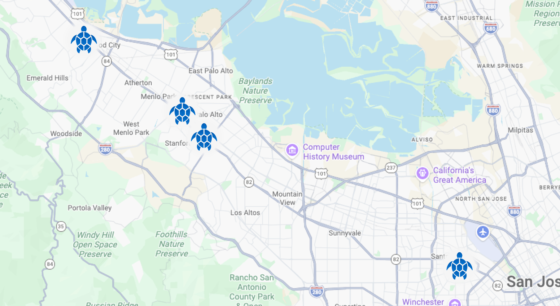 Map of all the 4 Blue Turtle Dental locations in the Bay area