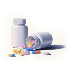 Two white pill bottles with colorful flower-shaped pills and capsules scattered beside them.