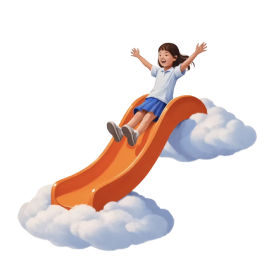 Happy child sliding down an orange slide surrounded by white clouds.