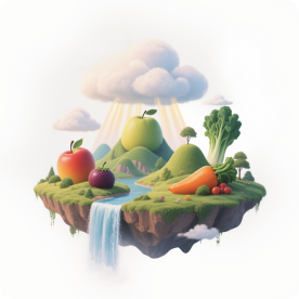 Floating island with hills shaped like fruits and vegetables including an apple, pear, broccoli, carrot, cherry, and a small river with a waterfall.
