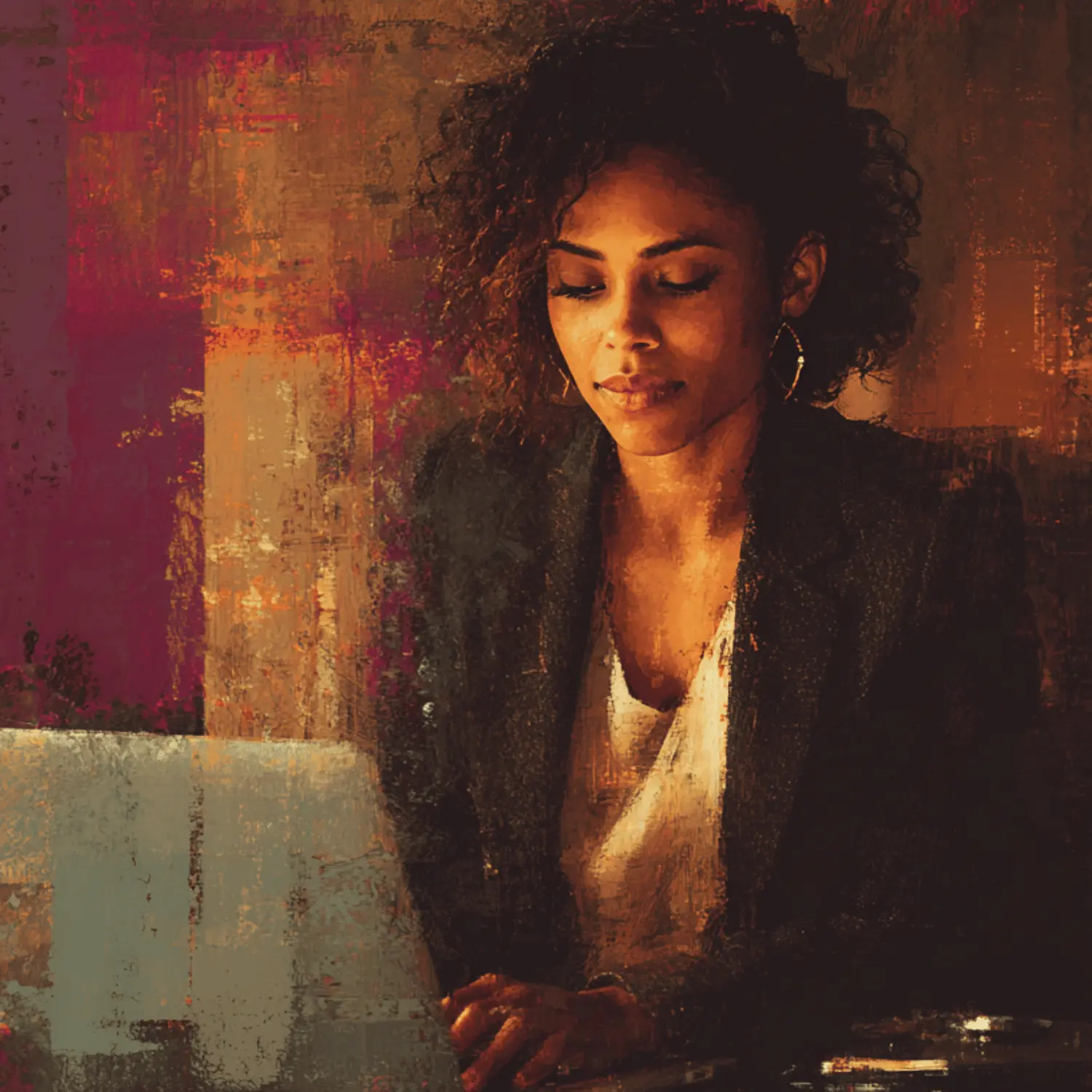 Abstract painting of two women and two men talking at a social gathering.