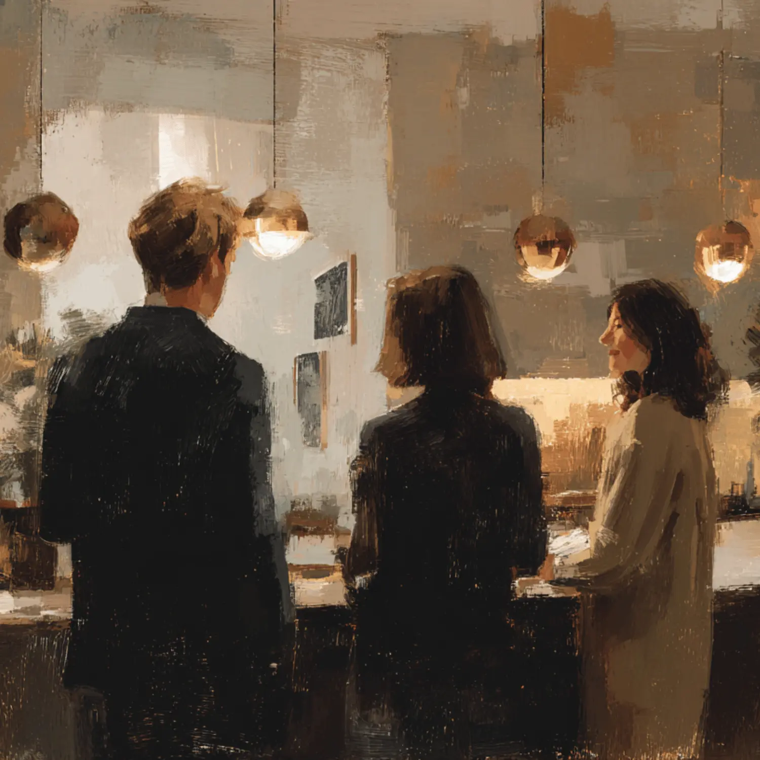 Three people standing and conversing in a warmly lit room with hanging round pendant lights.