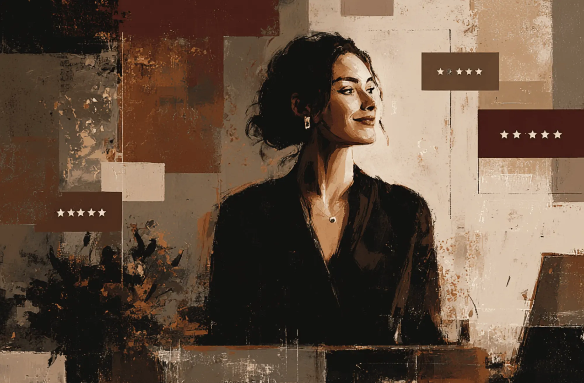 Artistic portrait of a confident woman in dark attire looking to the side with rating stars displayed around her.