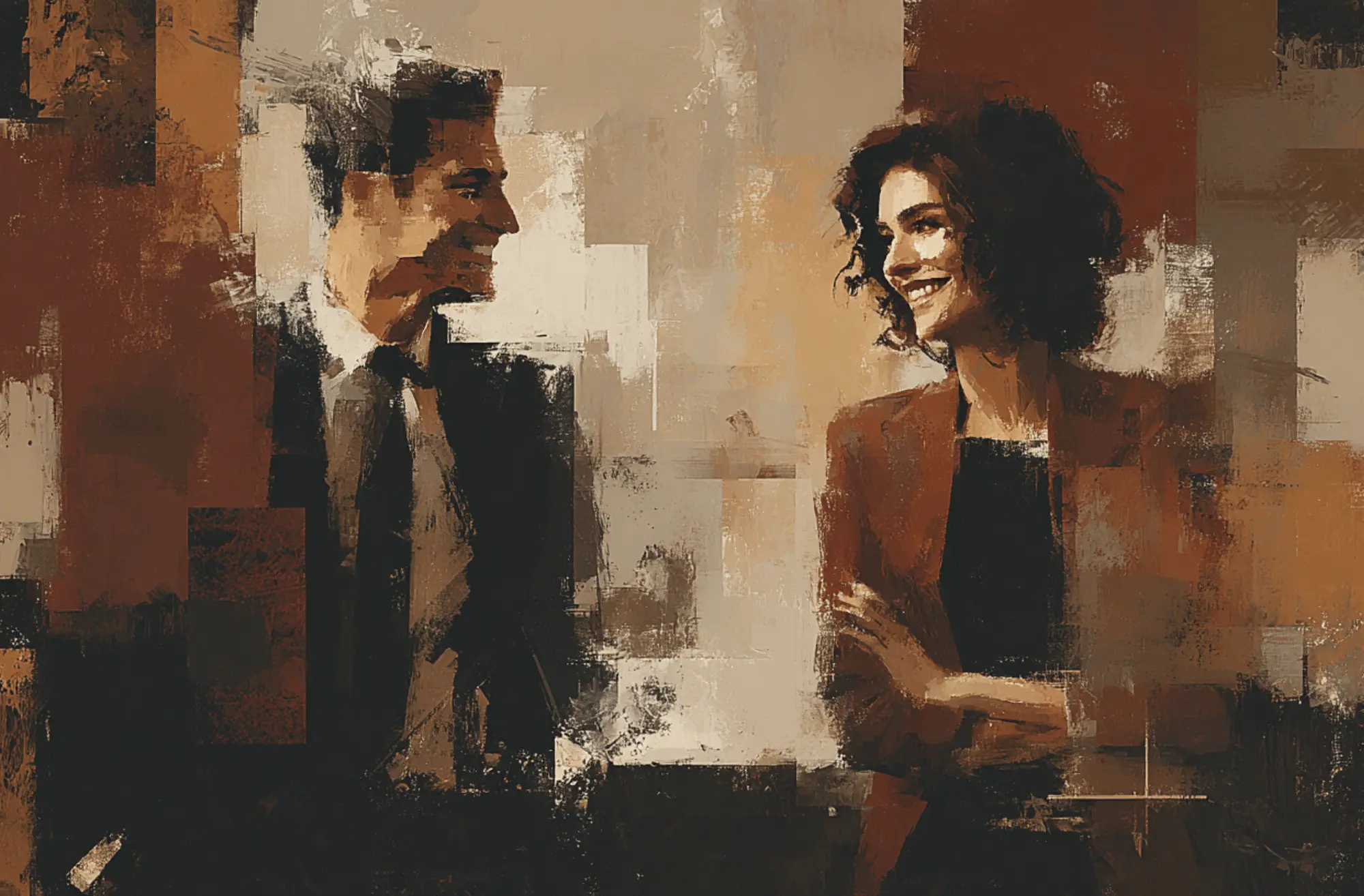 Two agents laughing together with neutral beige and brown abstract background.