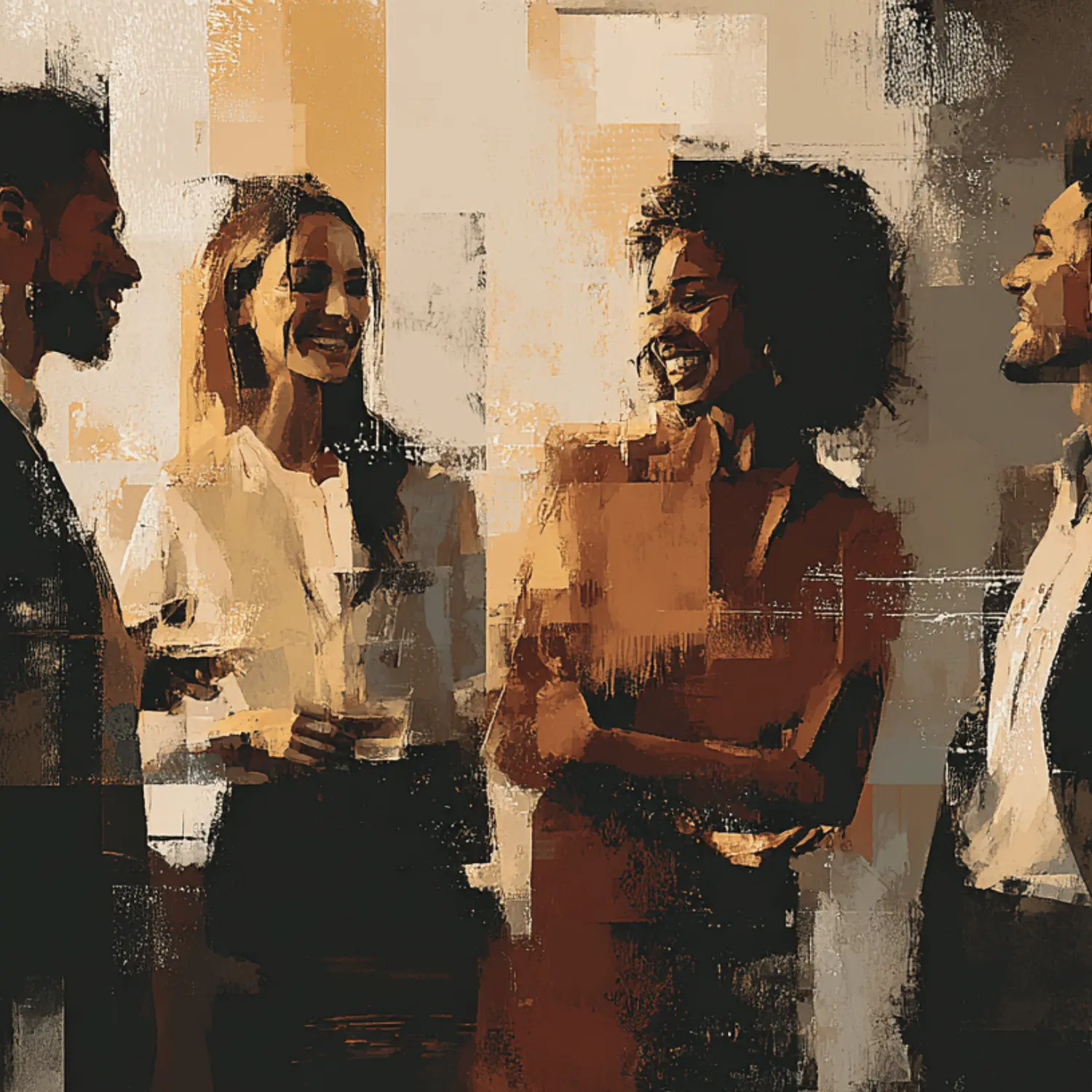 Woman with curly hair looking down at a laptop, seated against a textured, warm-toned background.