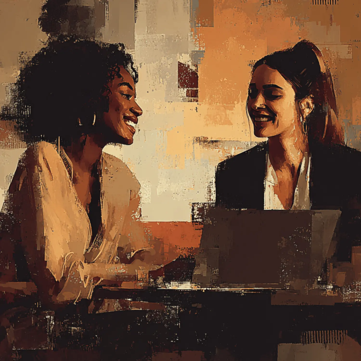 Abstract painting of two women and two men talking at a social gathering.