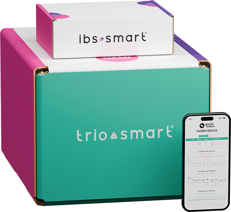 IBS-Smart and Trio-Smart kits with results displayed on a phone.