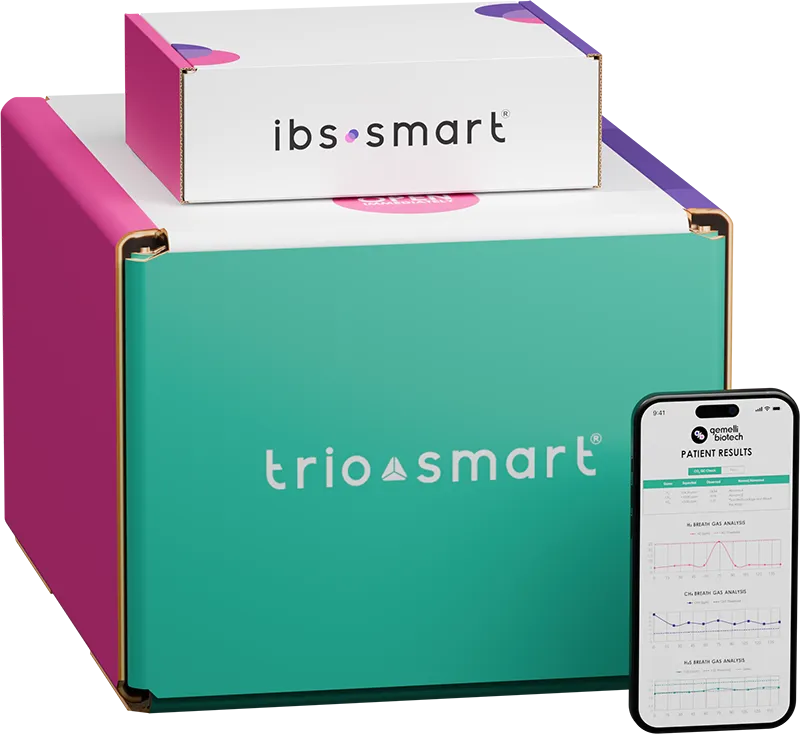 IBS-Smart and Trio-Smart kits with results displayed on a phone.
